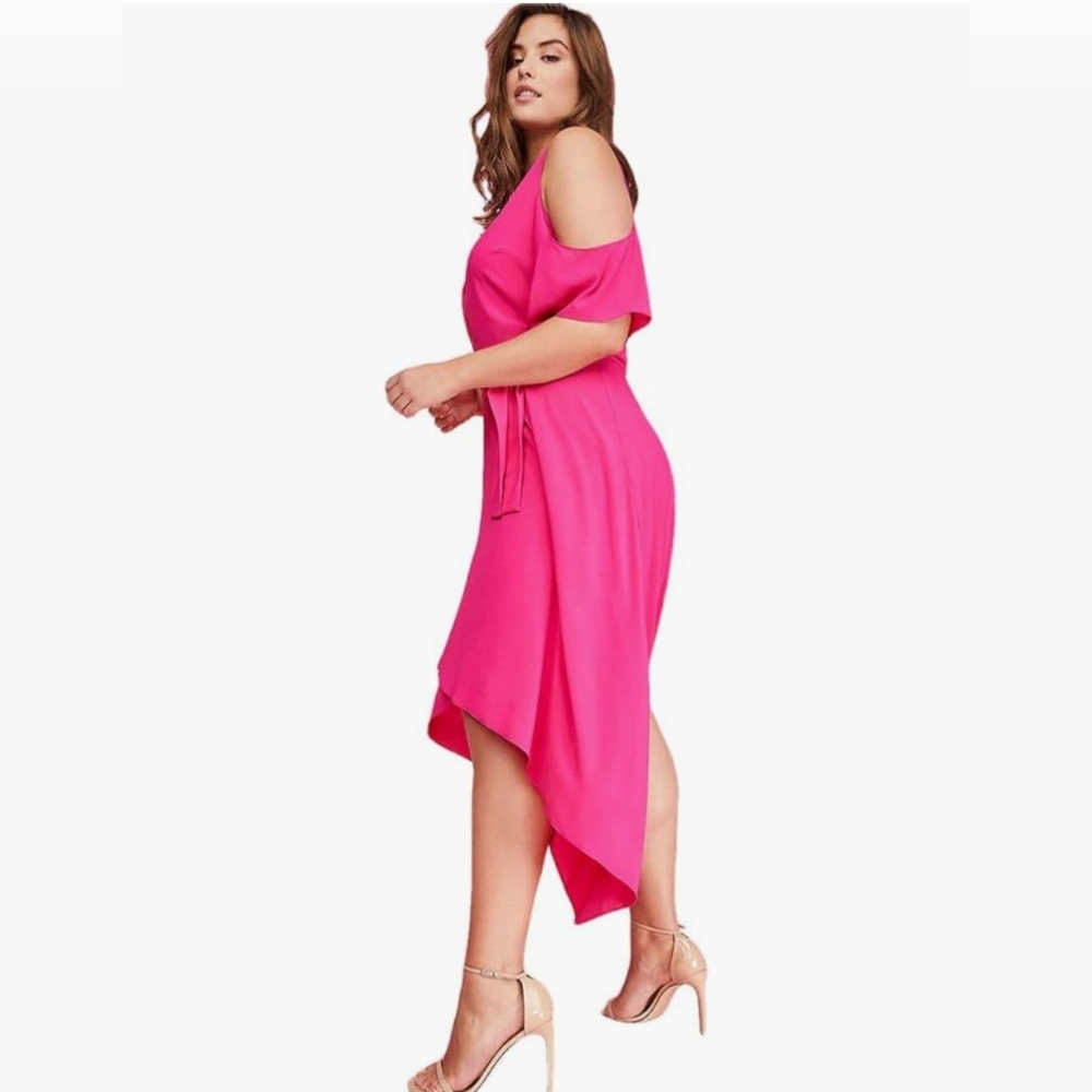 Lane Bryant cold shoulder dress sz 20 pink shark bite hem tie belt NWT - Picture 8 of 15